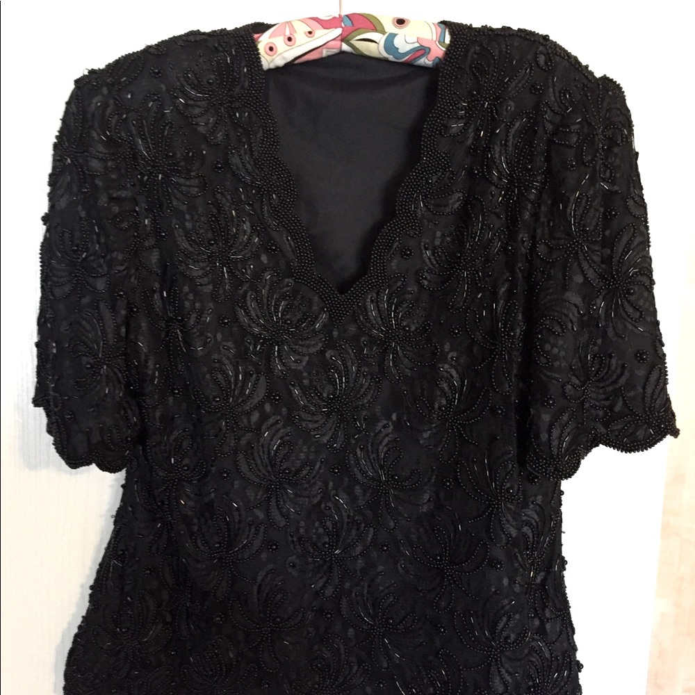 Black Beaded Sequined VNeck Top Size XXL